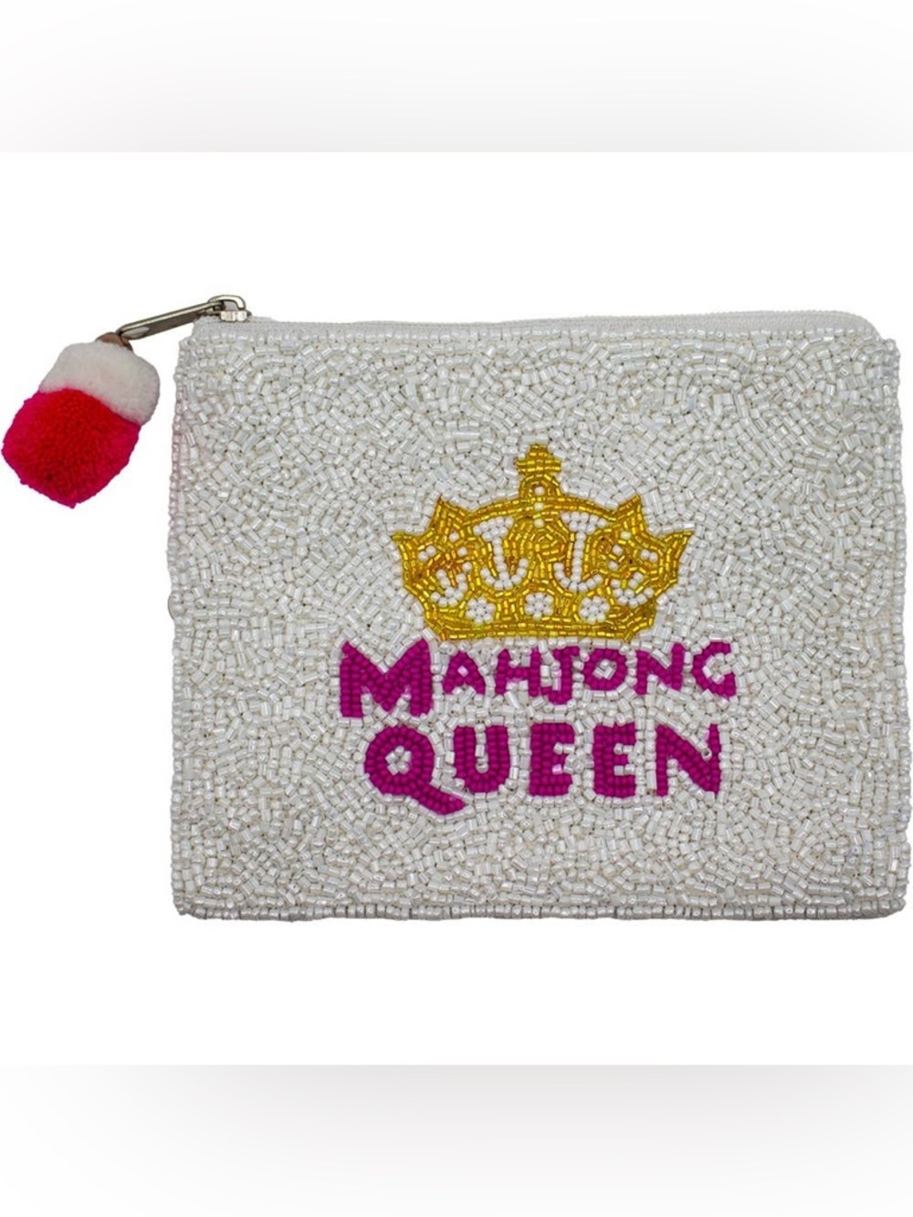Nu Shuz Key West Hand-Beaded ' Mahjong Queen ' White Pink Gold Clutch Coin Pouch